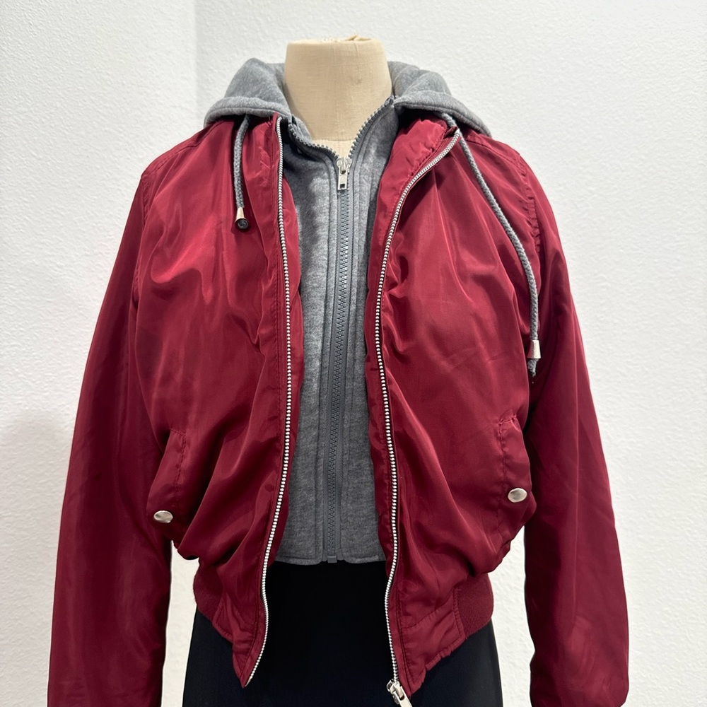 Ambiance Burgundy and Grey Bomber Jacket with Gray Hoodie